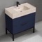 Blue Bathroom Vanity With Beige Travertine Design Sink, Modern, Free Standing, 32